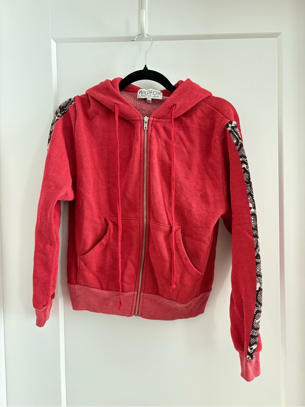 Wildfox Red Zip Hoodie with Snake-Print Sleeve Trim